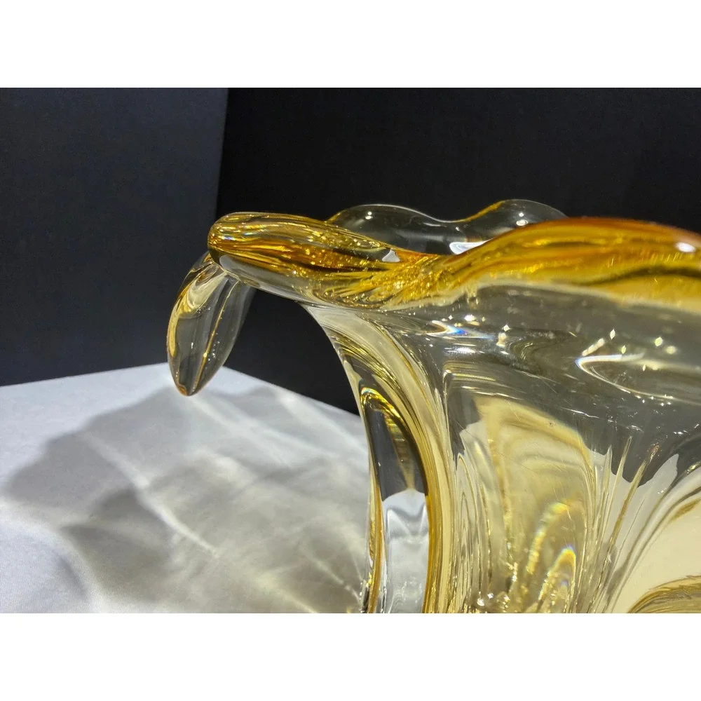 Vintage Murano Style Amber Yellow Sommerso Art Glass Flared Ribbed Vase